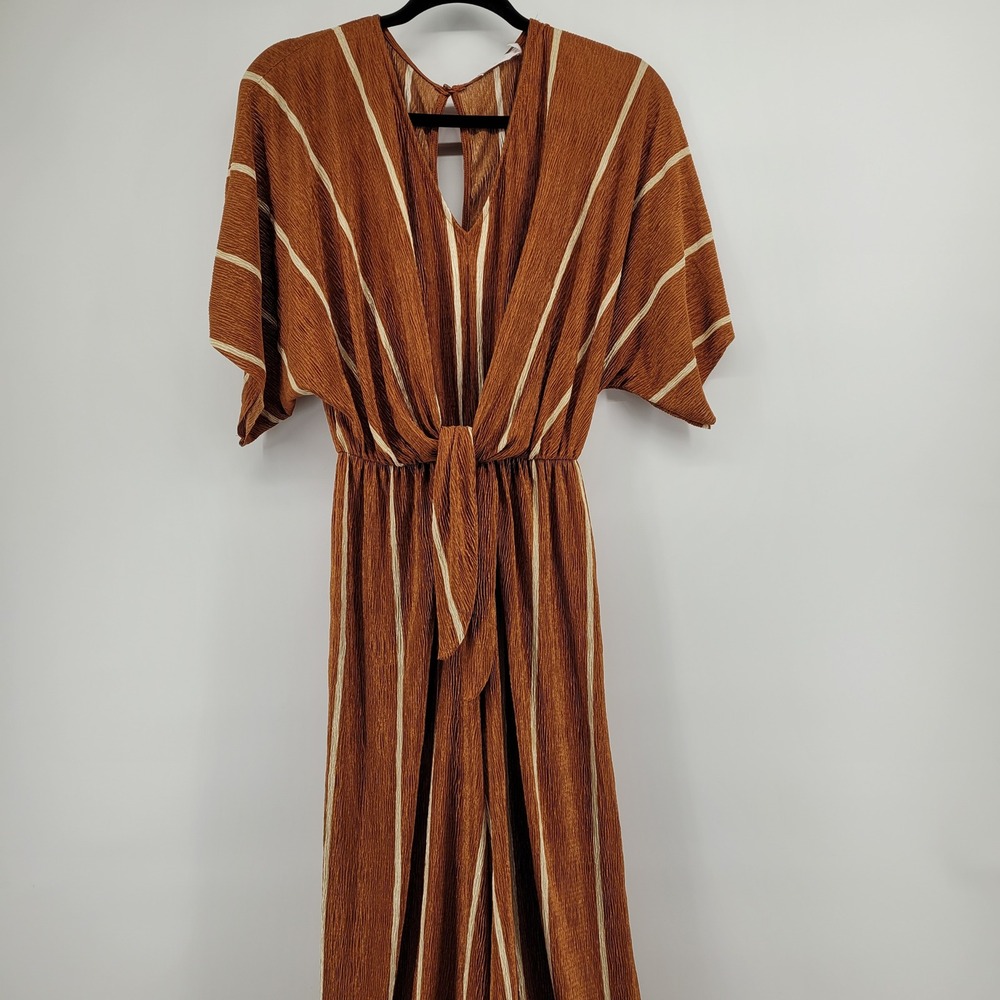 Lush Womens M Retro Boho Resortwear Rust Brown Striped Wide Leg Plisse Jumpsuit